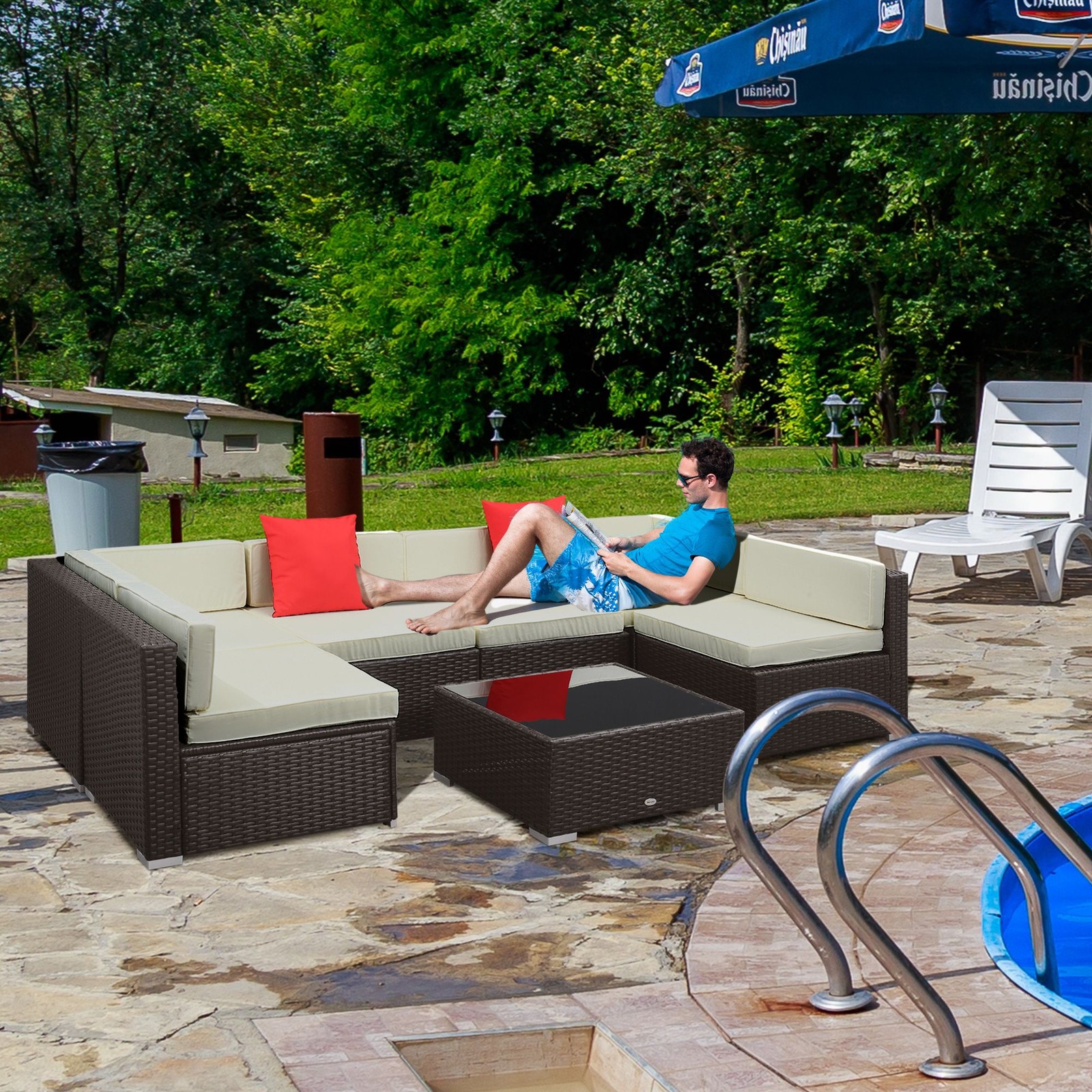 Sectional 7pc Patio Sofa Set with Heavy Duty Frame and 12.5H Glass Table Black