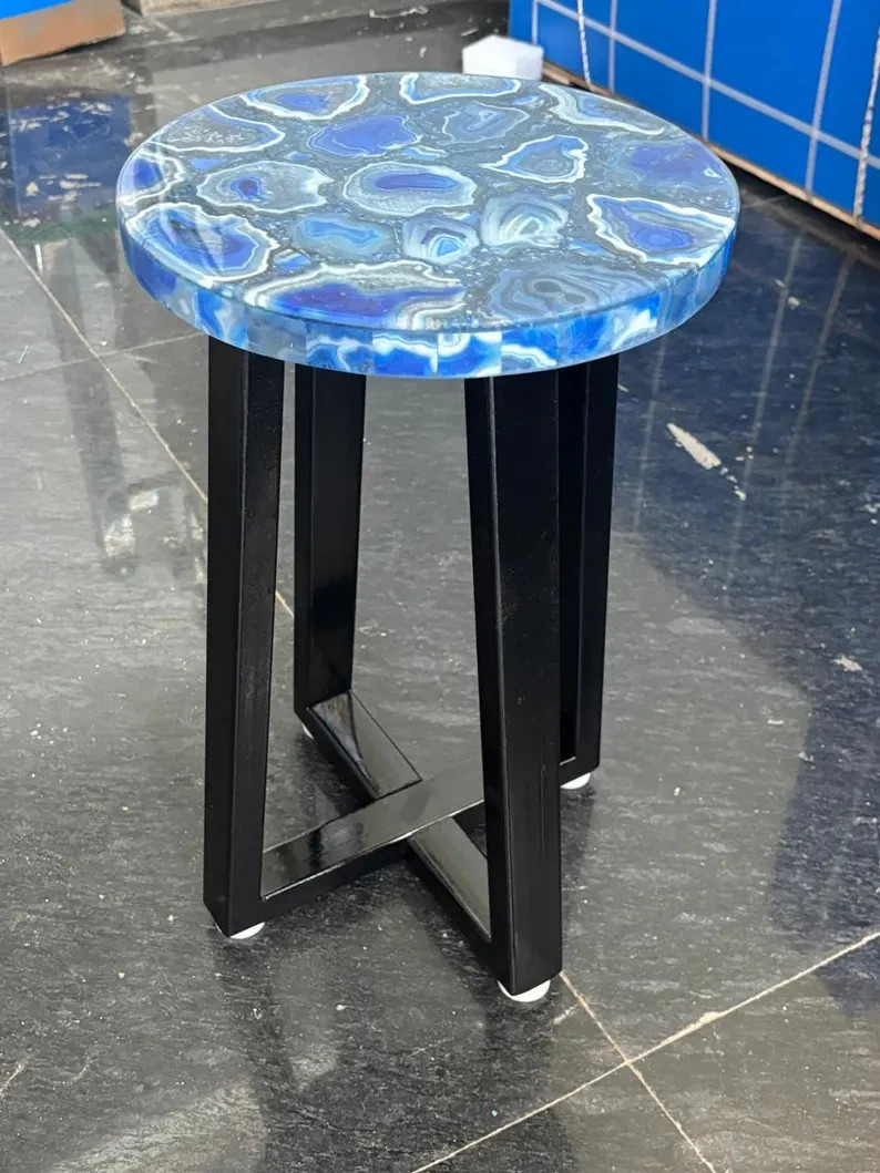 Blue Agate Corner Table Top – Natural Stone Luxury Side Table, Handmade Gemstone