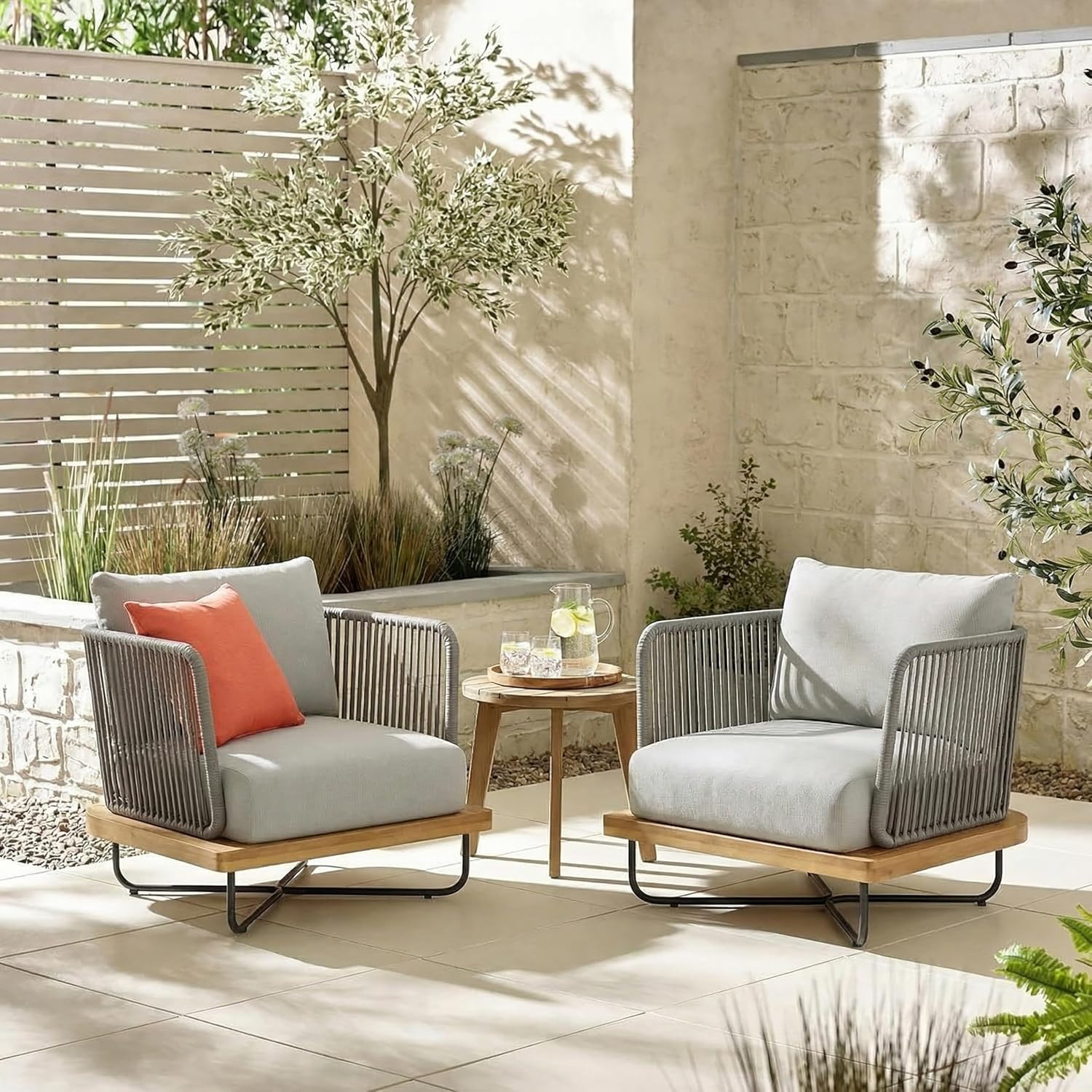 Outdoor Acacia Wood Armchair Wtih Coushions Set of 2, Patio Sofa Chair with Hand