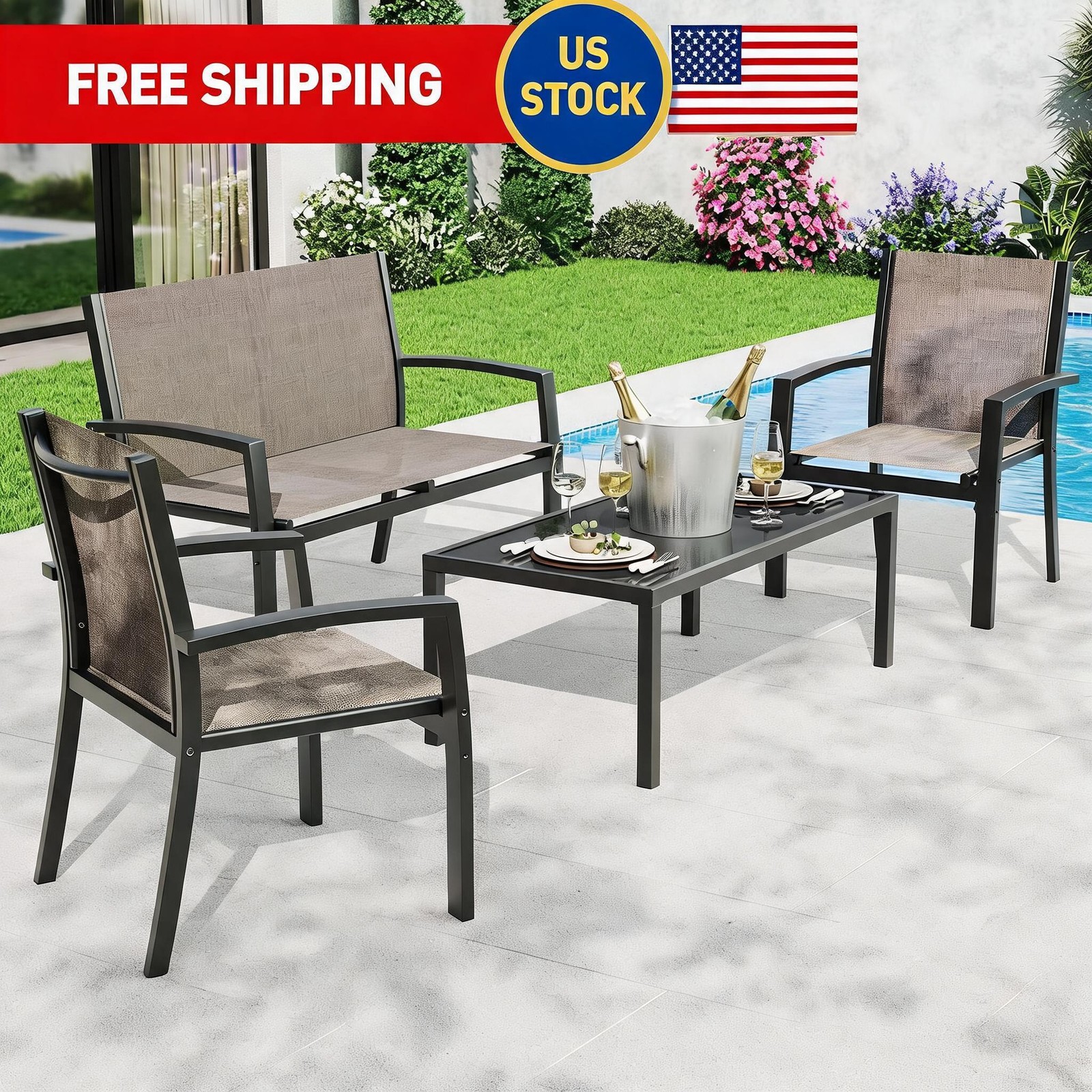 4 Piece Patio Bistro Furniture Set, Outdoor Conversation Set with 3 Chairs Brown