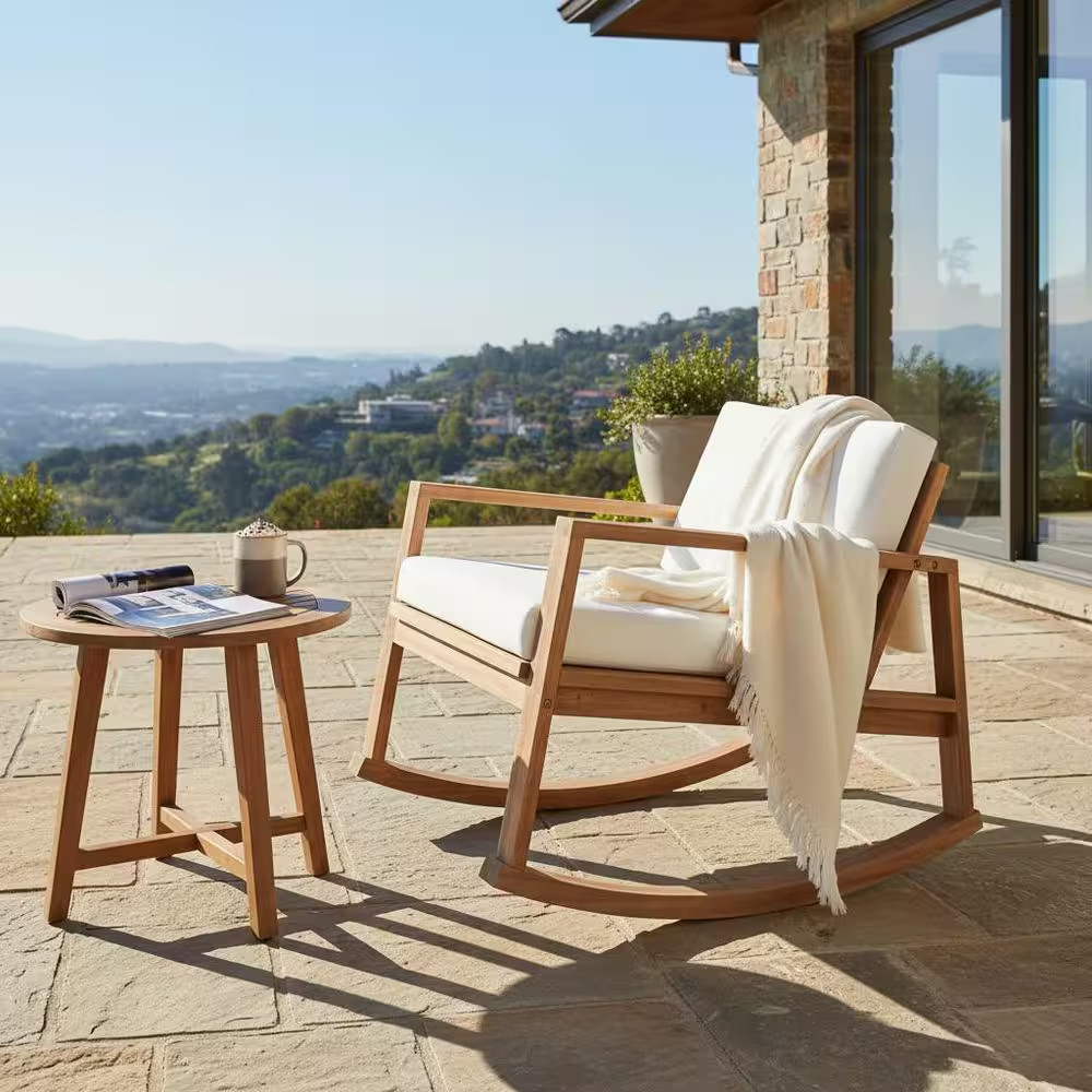 Kenslow Patio Light Teak Finish Solid Wood Outdoor Rocking Chairs with White Cus