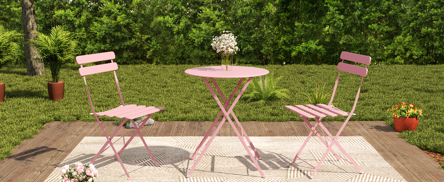3-Piece Patio Bistro Set, 2 Folding Chairs & Table, Pink, Metal Frame