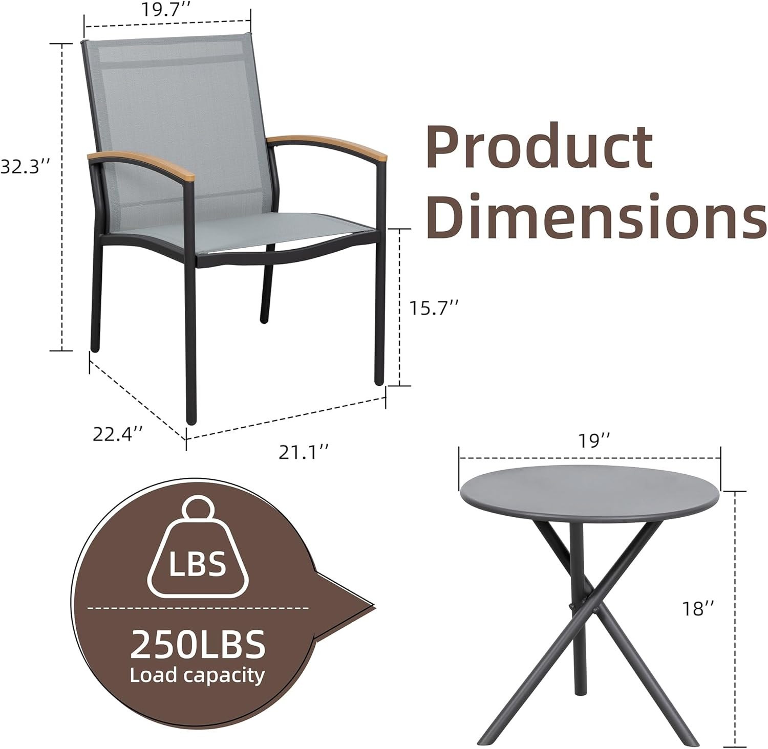 3 Pieces Patio Bistro Sets, Outdoor Textilene Fabric Conversation Bistro Set, Te