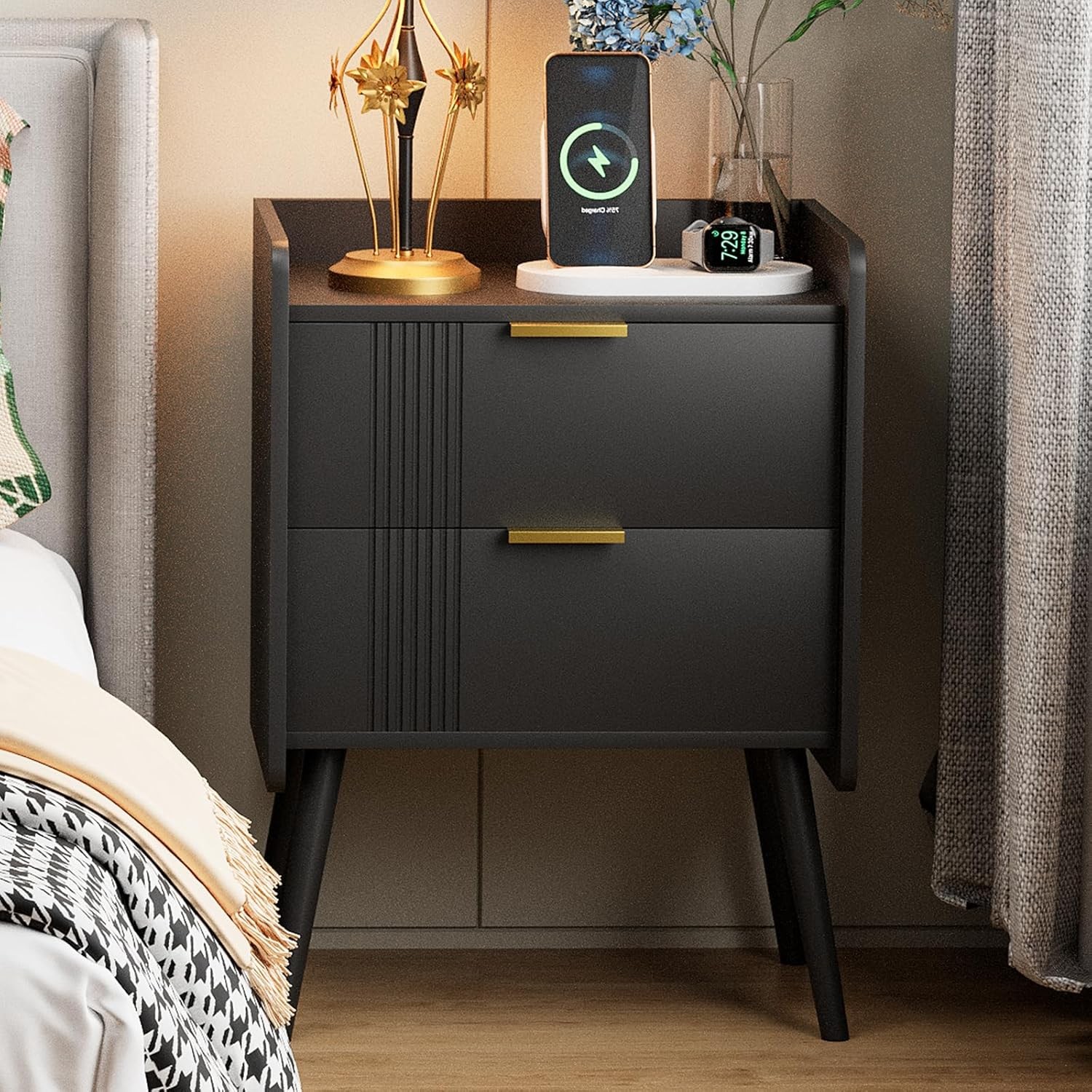 Bla Nightstand Modern Bedside Table with 2 Stora Der, Small