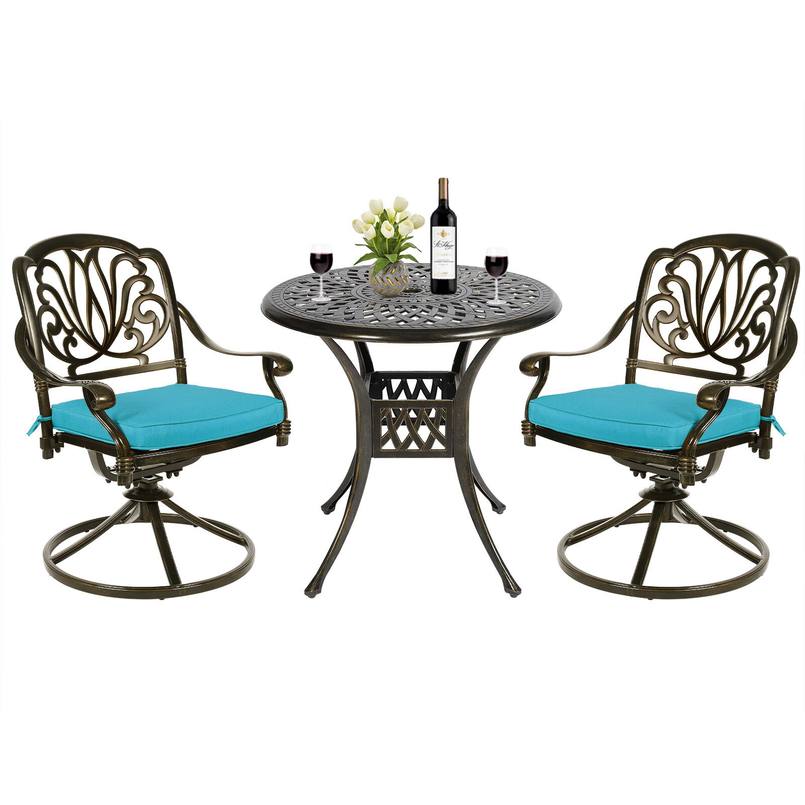 3PC Outdoor Patio Bistro Dining Set, Bistro Set W/ 1 Table & 2 Swivel Chairs