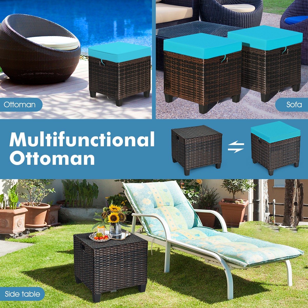2PCS Patio Rattan Ottoman Cushioned Seat Foot Rest Coffee Table Turquoise
