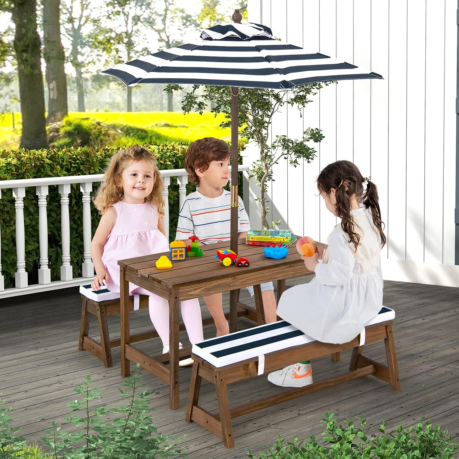 Kids Picnic Table 3 Heights Adjustable Umbrella Childrens Outdoor Bench