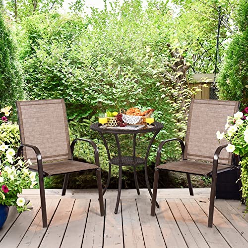 2 Piece Patio Dining Chairs, Outdoor Bistro Chairs W/Curved Armrests, Brown