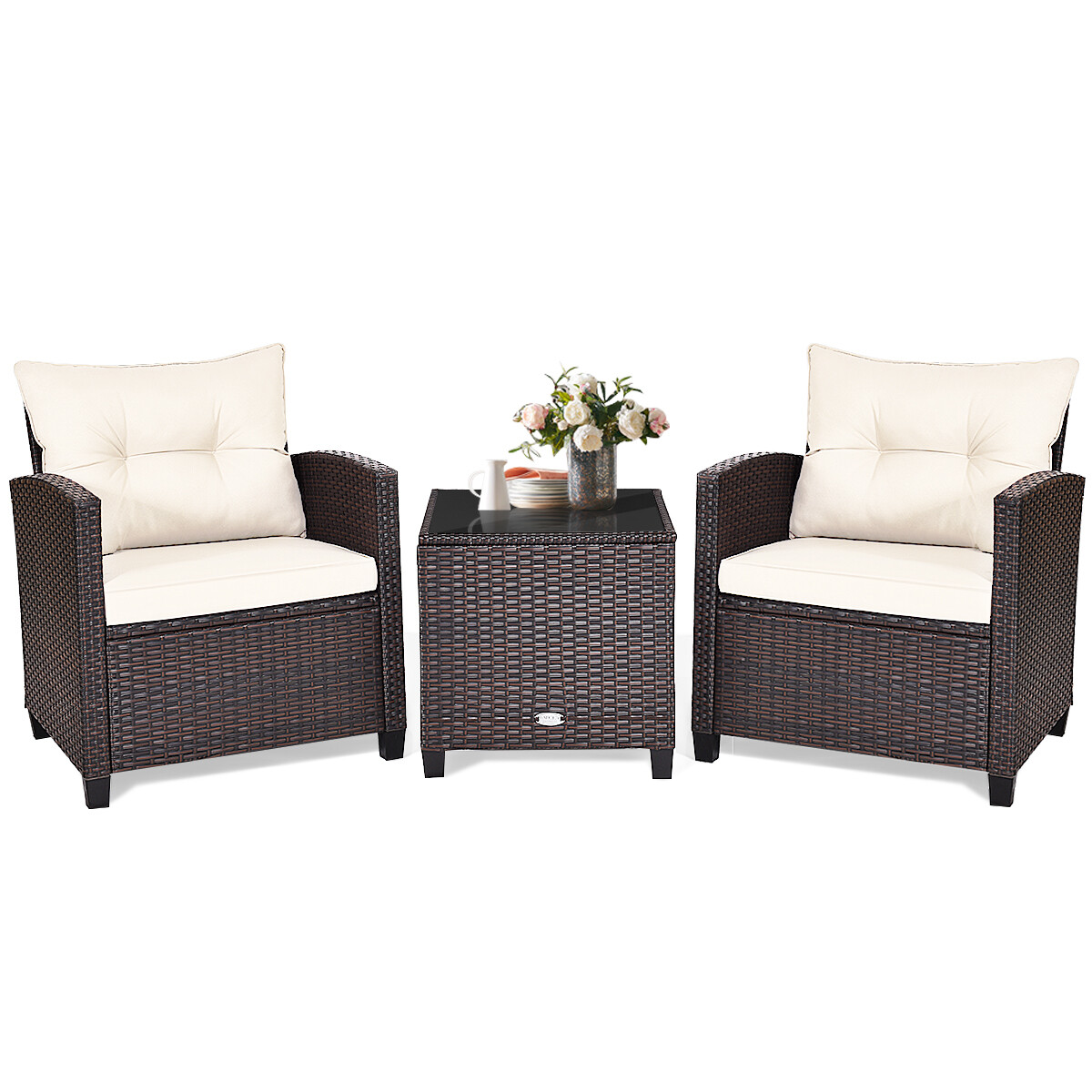 3PCS Patio Rattan Furniture Set Cushioned Sofa Coffee Table Garden off White