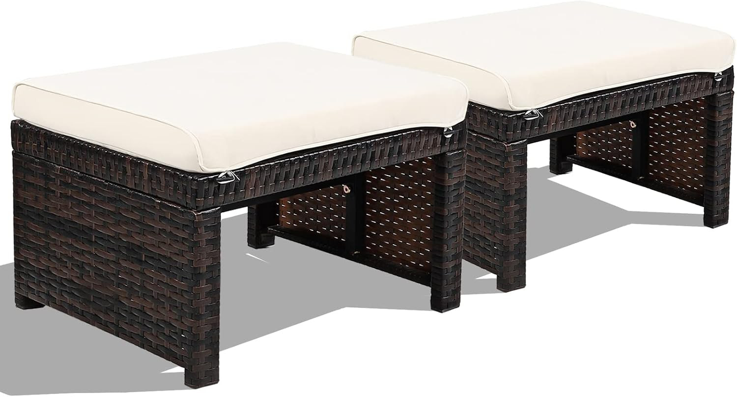 HAPPYGRILL 2 Piece Outdoor Wicker Ottomans, Patio Rattan Footstool with Cushions