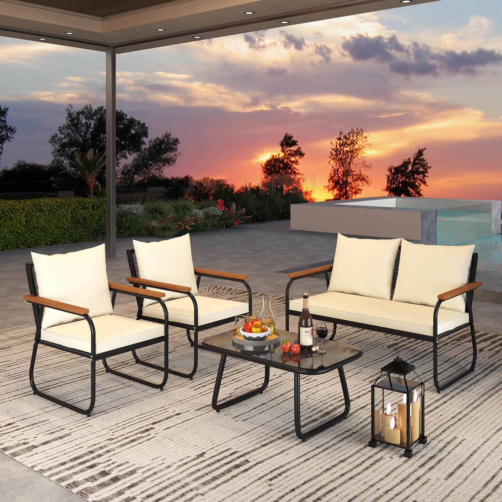 8 PCS Patio Furniture Set w/Tempered Glass Coffee Table PE Wicker Rattan Chairs