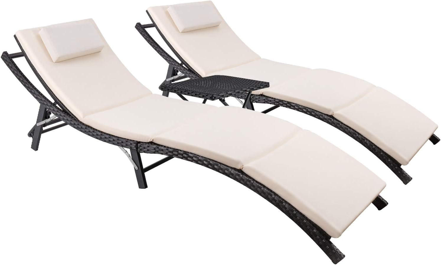 Devoko Patio Chaise Lounge Sets Outdoor Rattan Adjustable Back 3 Pieces Cushione