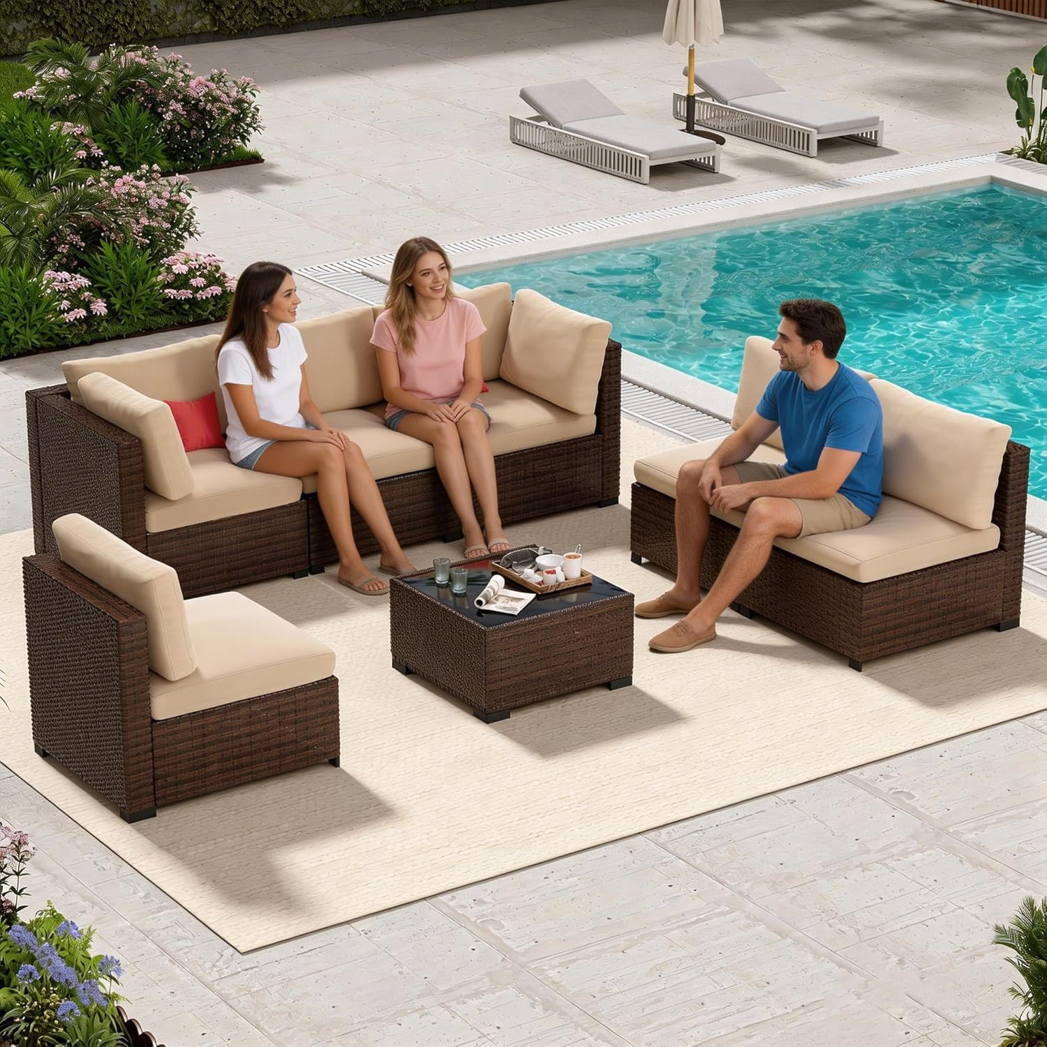 7 Piece Patio Outdoor Furniture Set, Outdoor Sectional, All-Weather Manual Weavi