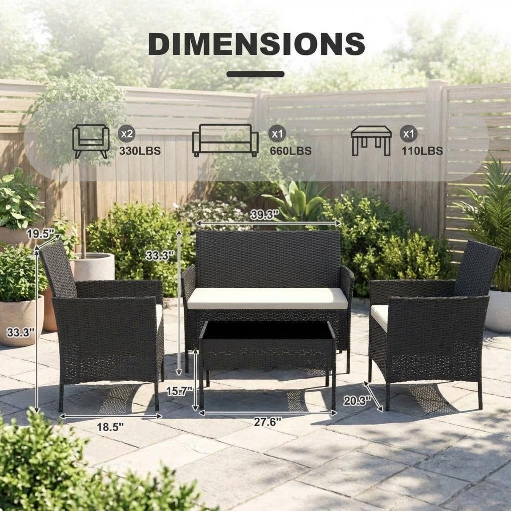 4pc Patio Furniture Set Outdoor Sectional Sofa Rattan Wicker Sofa w/ Glass Table