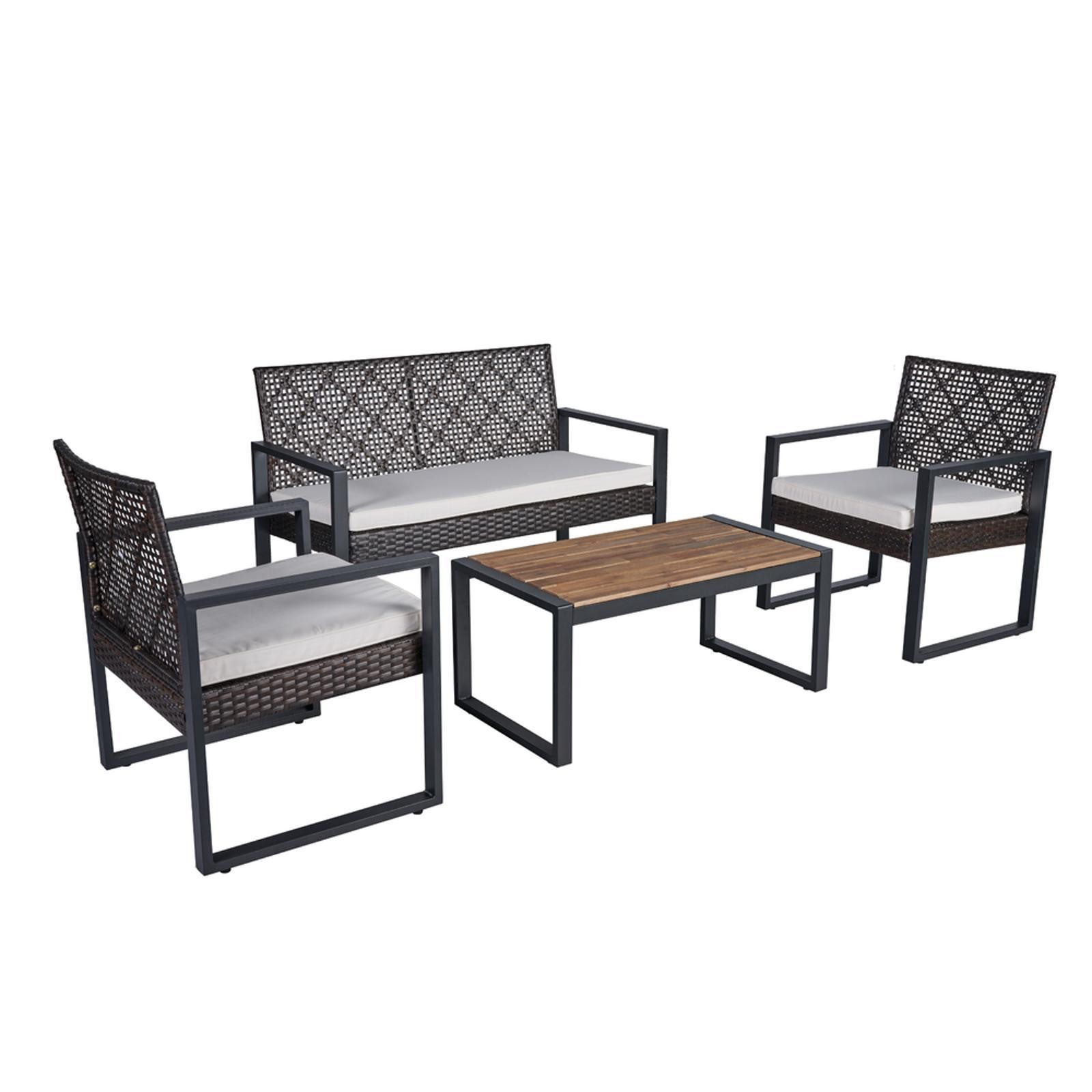 4-Piece Modern Patio Furniture Set with Acacia Wood Table Top, Rattan Chairs &