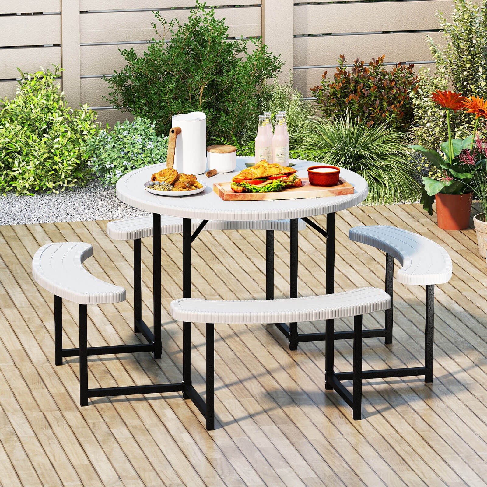 Round Picnic Table Bench Set with 4 Benches Umbrella Hole All Weather Tabletop