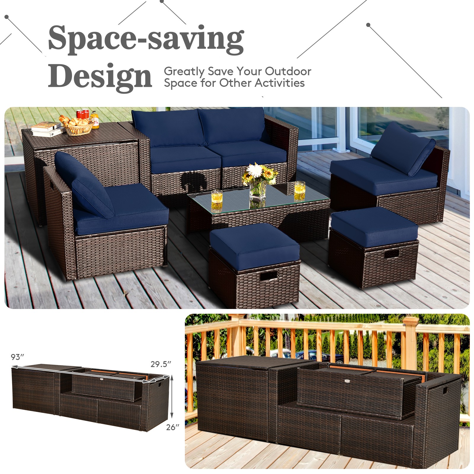 Patiojoy Patio 8PCS Rattan Furniture Set Space-Saving Storage Cushion Navy