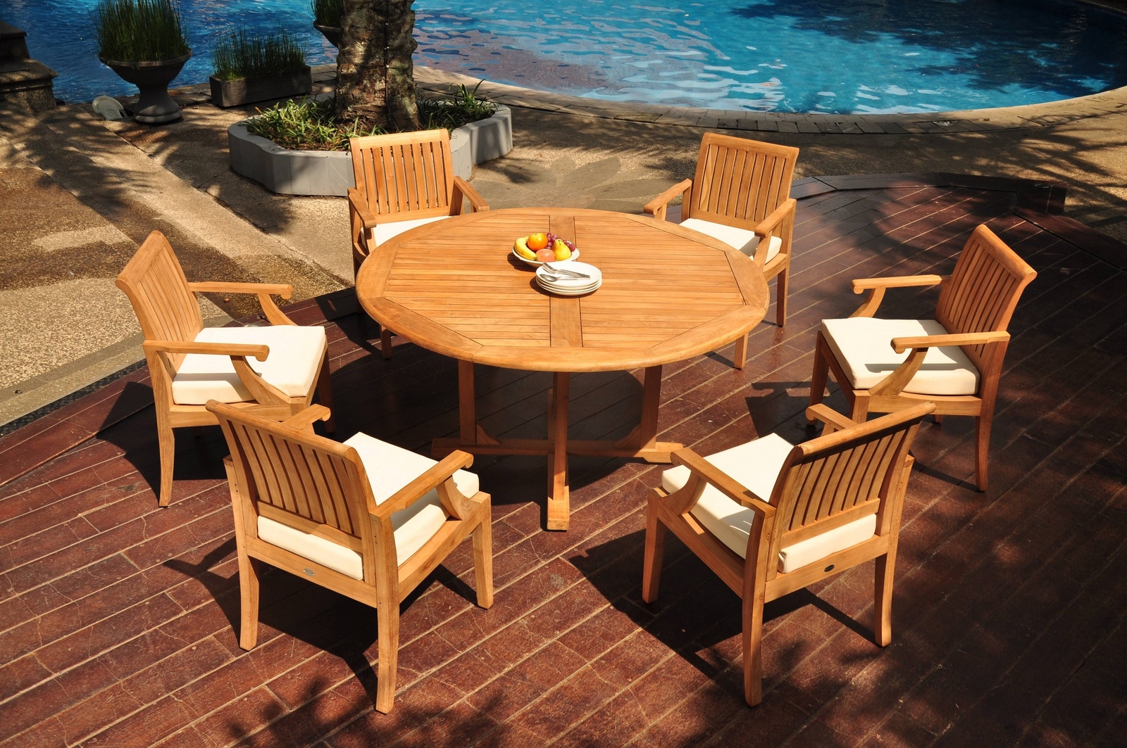 7pc Grade-A Teak Dining Set 60″ Round Table 6 Lagos Arm Chair Outdoor Patio