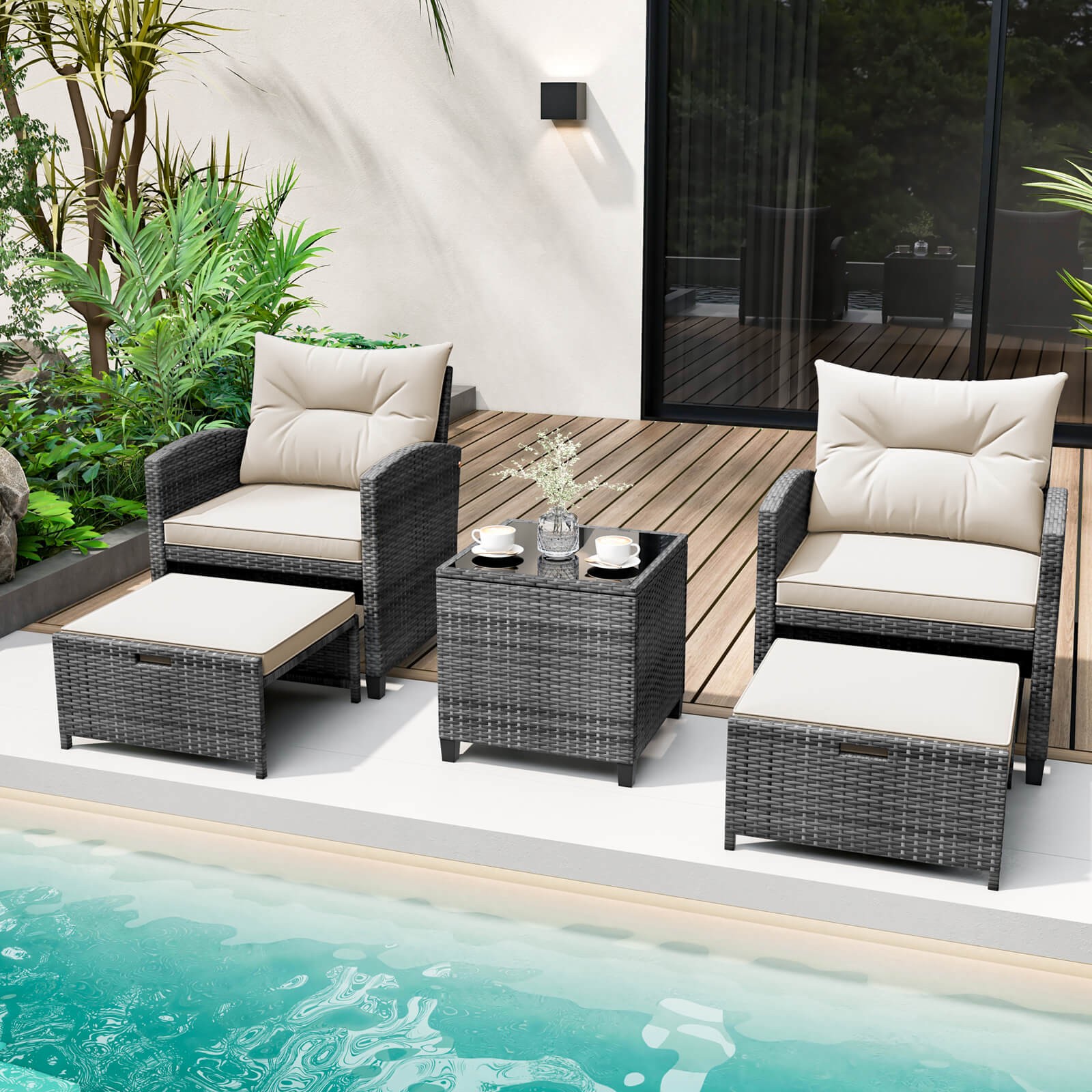 5 Piece Patio Rattan Furniture with 2 Ottomans & Tempered Glass Coffee Table