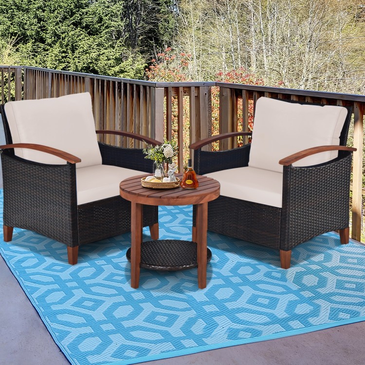 3-Pc Outdoor Rattan Set with Acacia Top Table, Removable Cushions, 360lb Cap