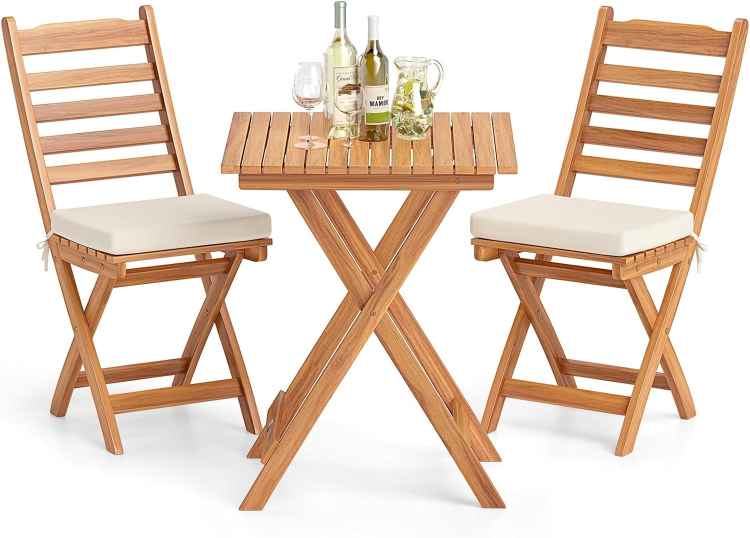 Outdoor Wood Bistro Set, Folding Chair Table Set w/Soft Seat Cushions, Acacia