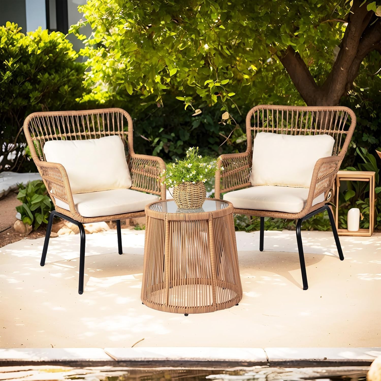 Bistro Set Chair & Table Set Wicker Rattan 3Pcs Outdoor Bistro Set, Yellow/Beige