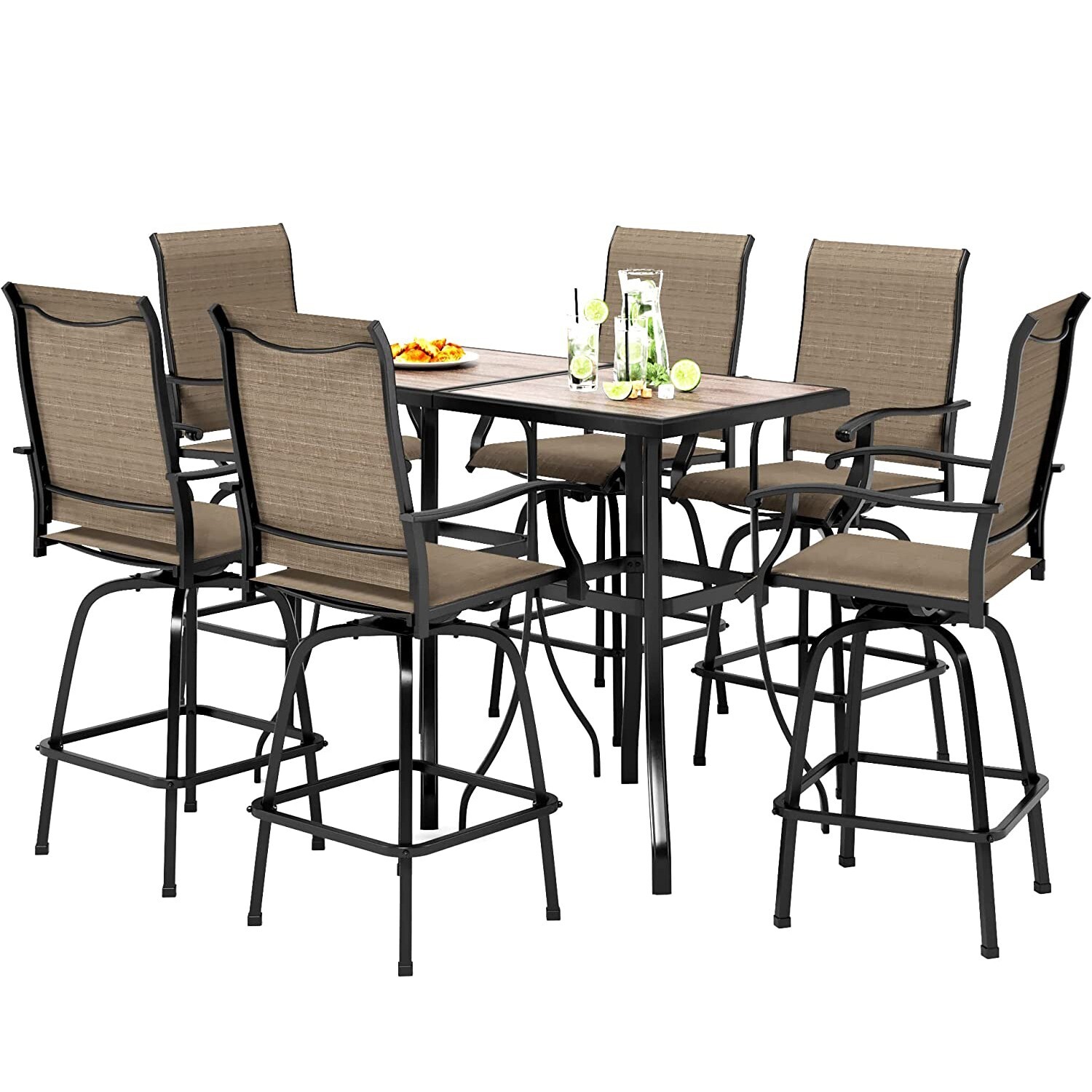 8 PCS Patio Bar Table Chair Set Swivel Bar Height Chair Bar Stools Outdoor Table