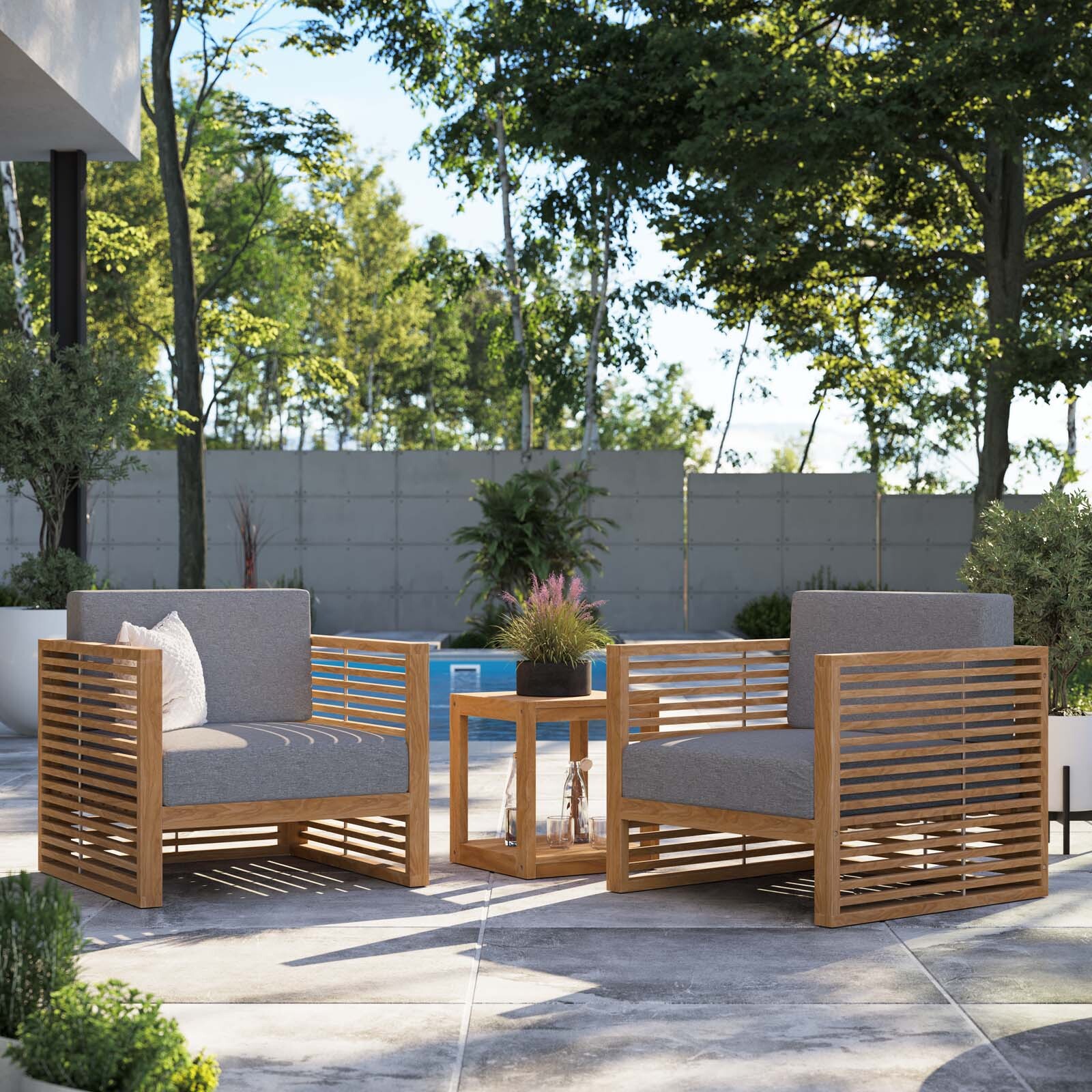 Modway Carlsbad Outdoor Patio Teak Wood 3-Piece Furniture Set in Natural Gray