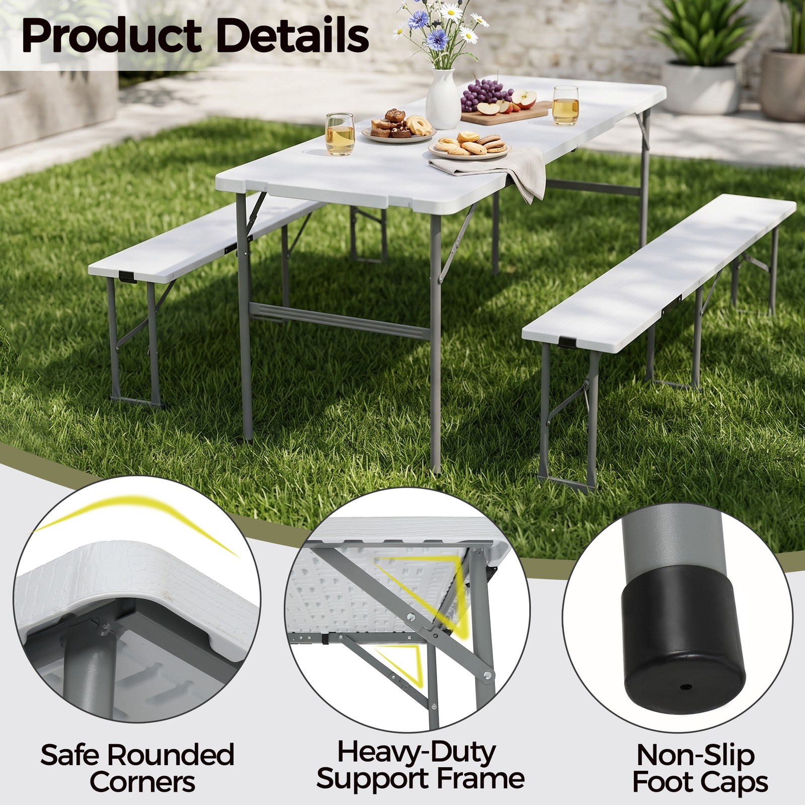 5.8FT Portable Folding Picnic Table Set with 2 Foldable Benches for Camping BBQ