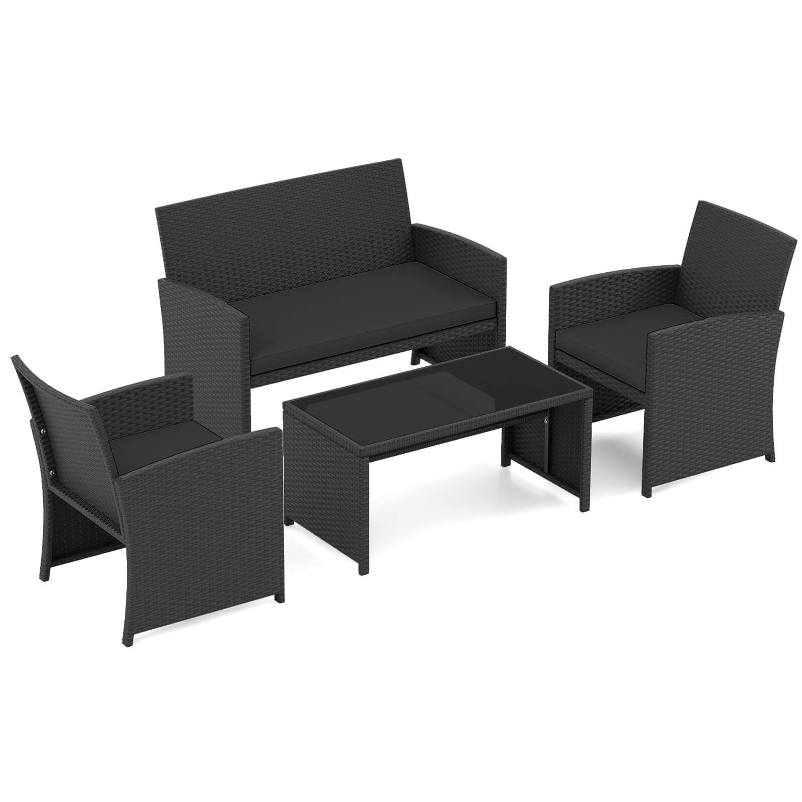 4 PCS Patio Conversation Set w/Seat Cushions & Tempered Glass Tabletop, Porch