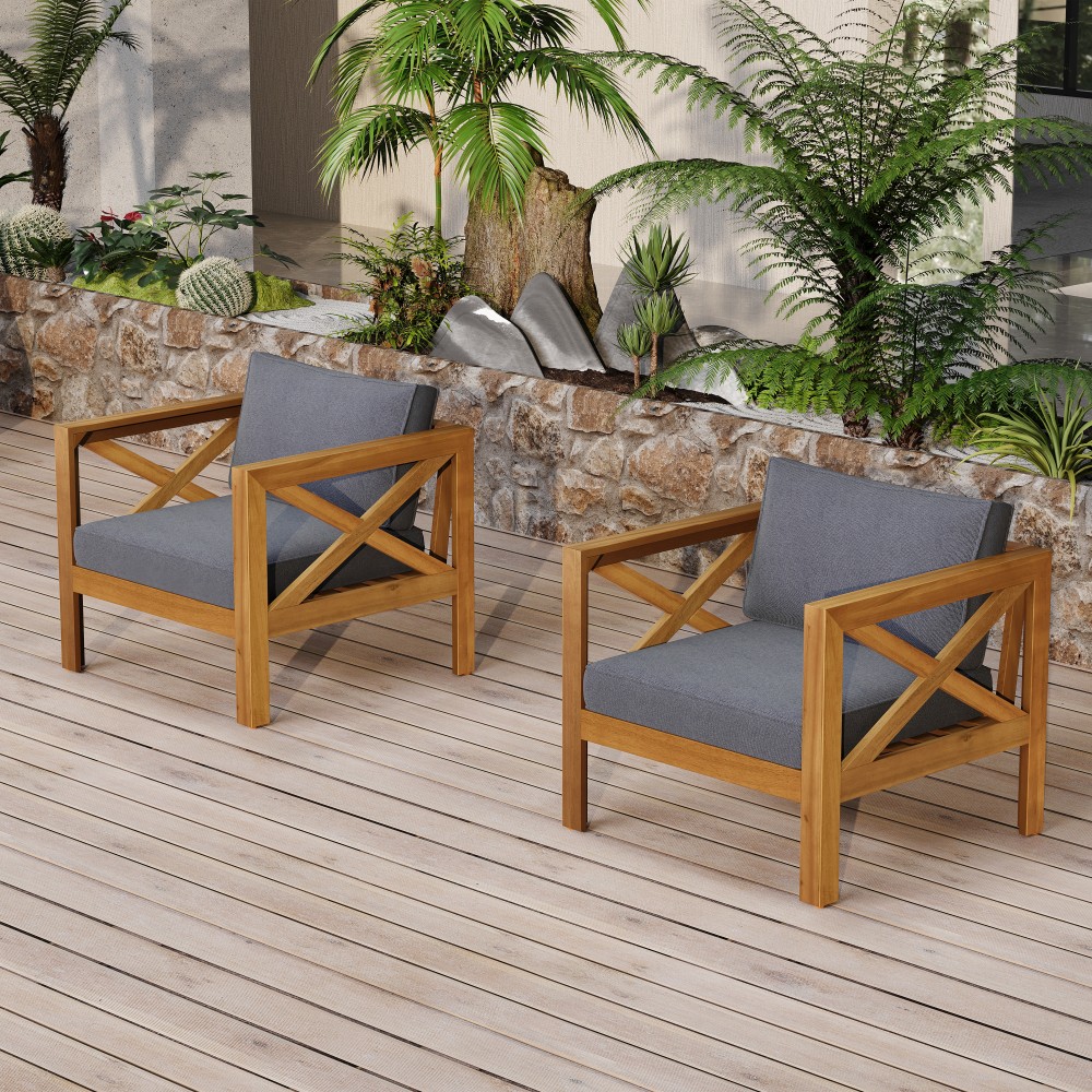 Set of 4 Weatherproof Acacia Club Chairs w/ Gray Outdoor Cushions