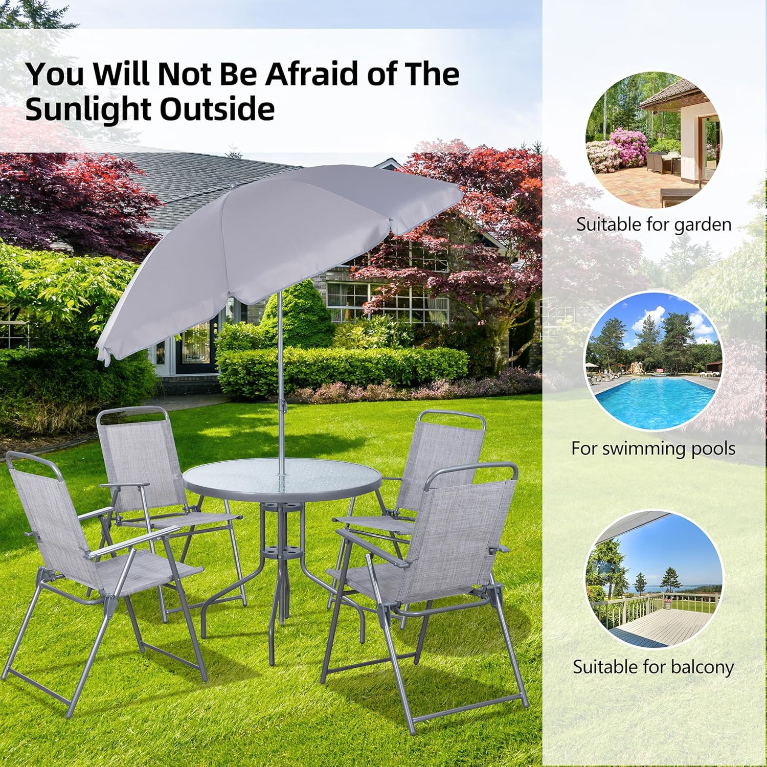 Folding Patio Dining Set with Umbrella – 6 Piece Metal Garden Furniture Silver