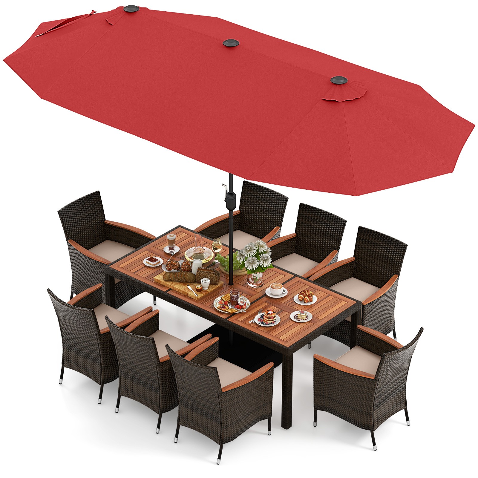 9 Piece Patio Wicker Dining Set w/ Double-Sided Patio Umbrella, Stackable Chairs