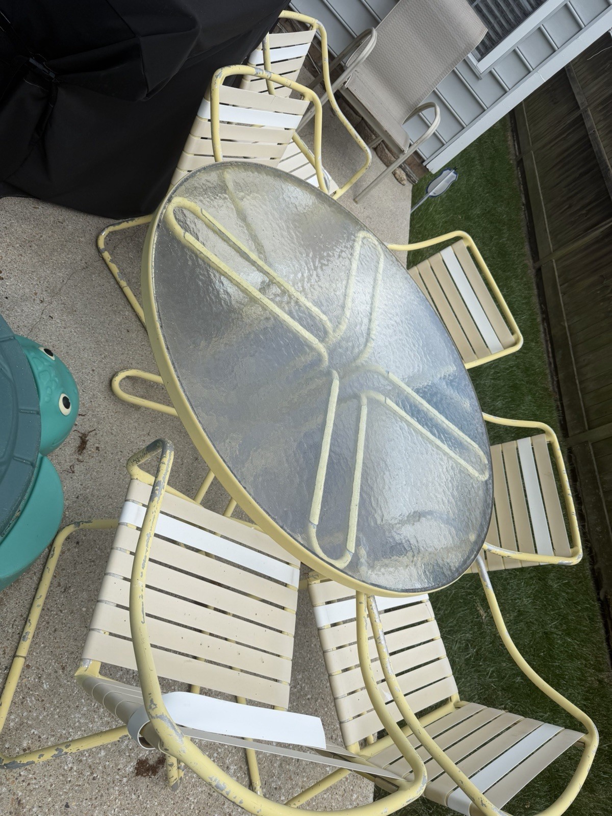 Metal & Glass Round Dining Set w/ Clear Glass Top Table, Yellow/White Chairs