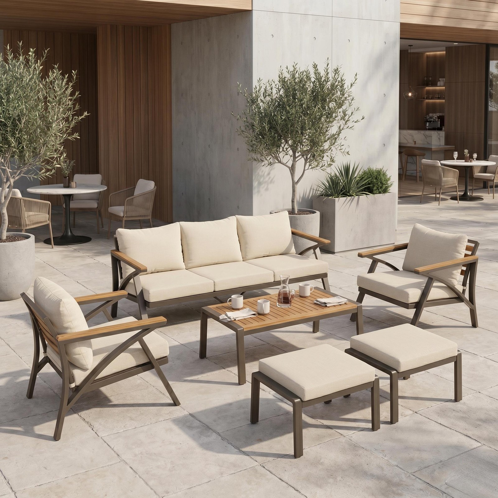 6-Piece Patio Furniture Set with Acacia Wood Table & Beige Cushions