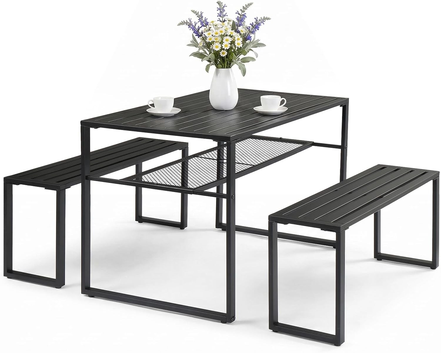 49″ Outdoor Matel Picnic Table & Bench Set W/ 2″ Umbrella Hole & Storage Shelf