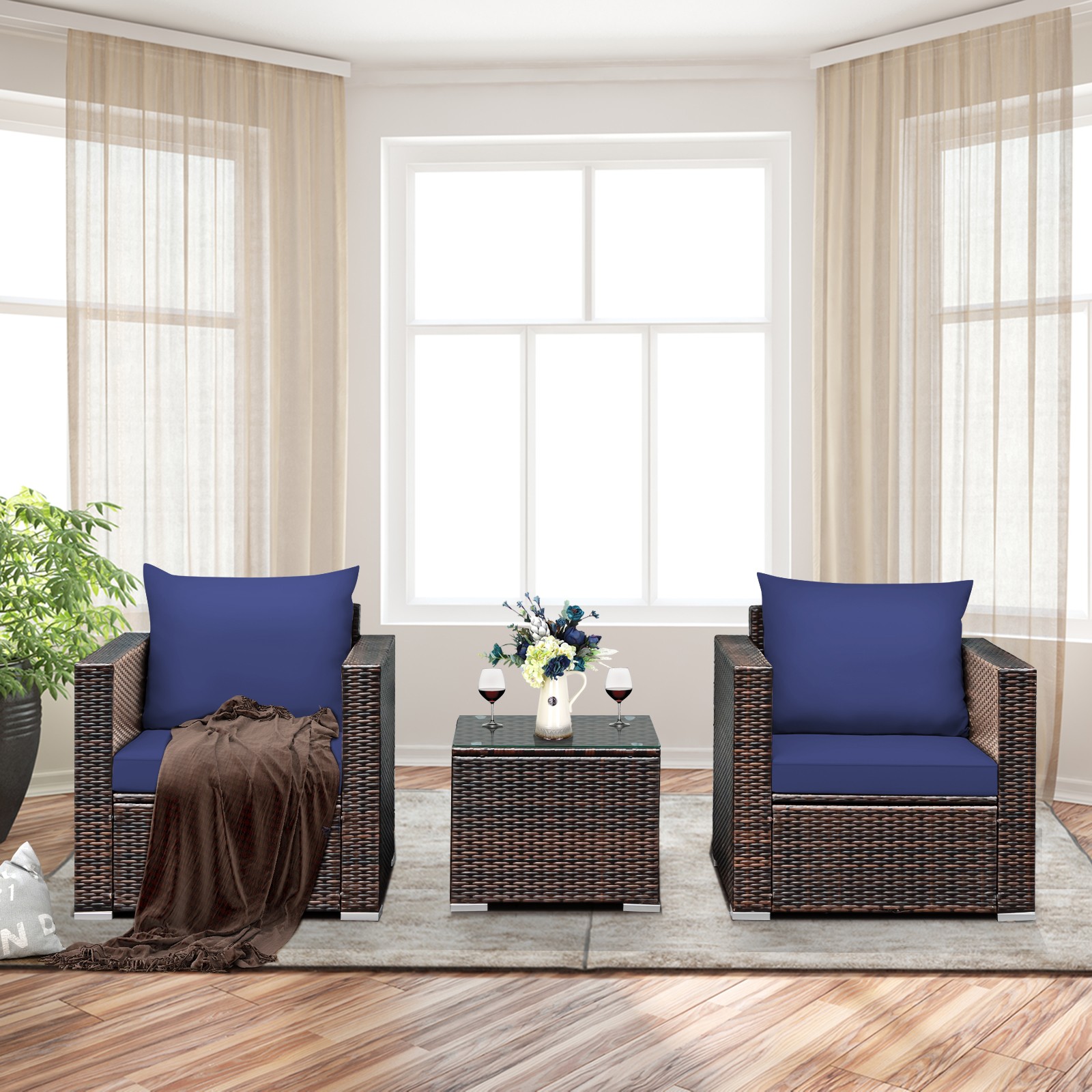 Patiojoy 3PCS Patio Rattan Furniture Set Conversation Sofa Cushioned Navy