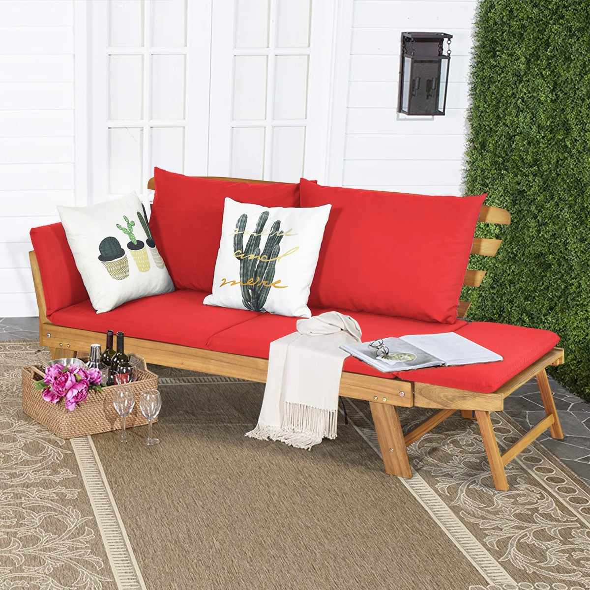 Patio Convertible Sofa Daybed Solid Wood Adjustable Furniture Thick Cushion Red