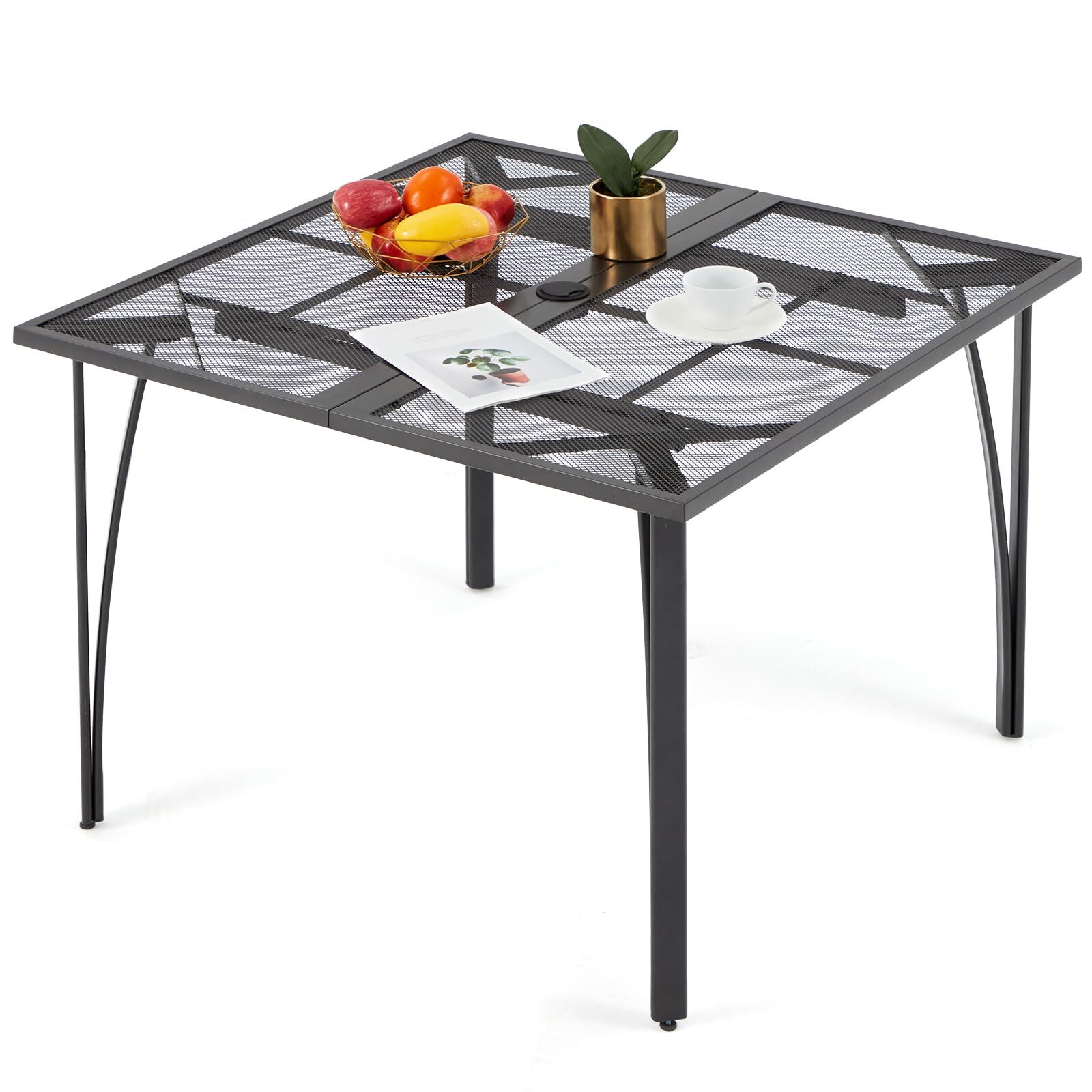 AECOJOY 39.4″ Square Metal Patio Table – 4-Seater, Umbrella Hole, Dark Grey
