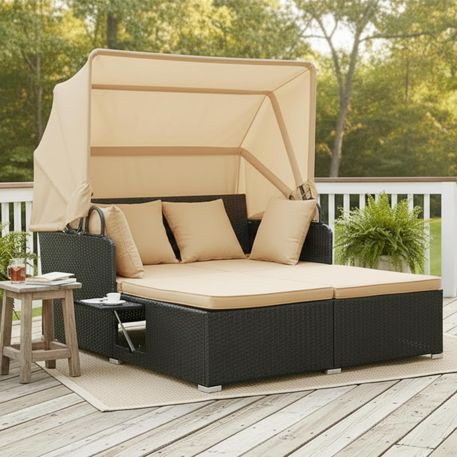 Patio Rattan Daybed with Retractable Canopy, Outdoor Wicker Sunbed Lounger with
