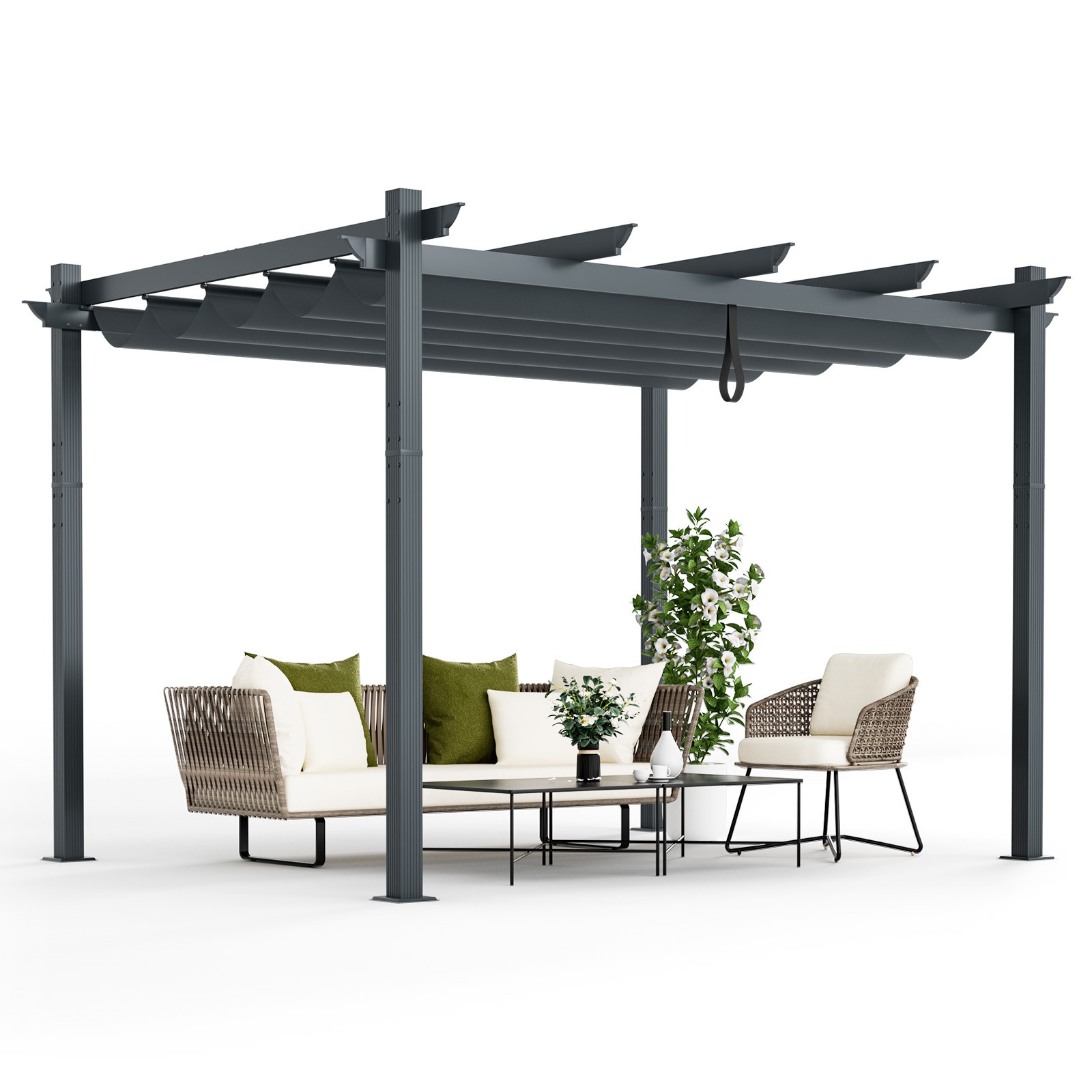 Outdoor 10x12ft Aluminum Retractable Pergola Canopy Shelter Grape Trellis Gray
