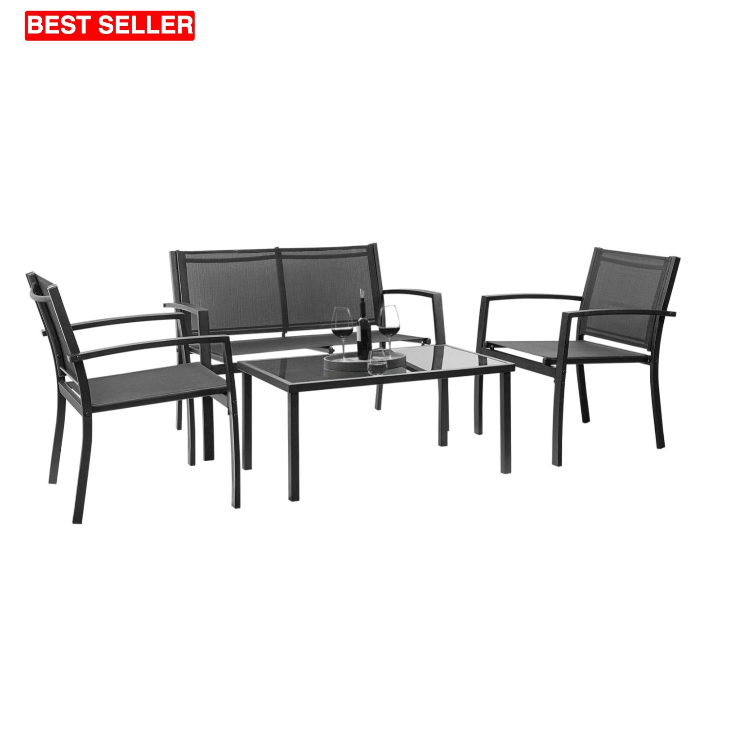 Modern Outdoor Patio Set – 4 Pieces with Breathable Chairs & Elegant Glass Table