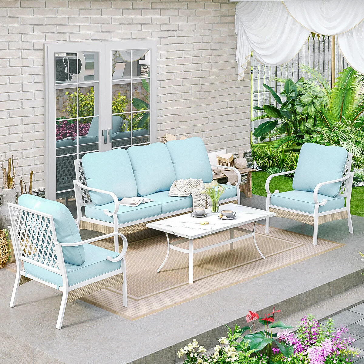 Outdoor Sectional Sofa Set with Coffee Table 5 Seat Patio Sofa with Cushion