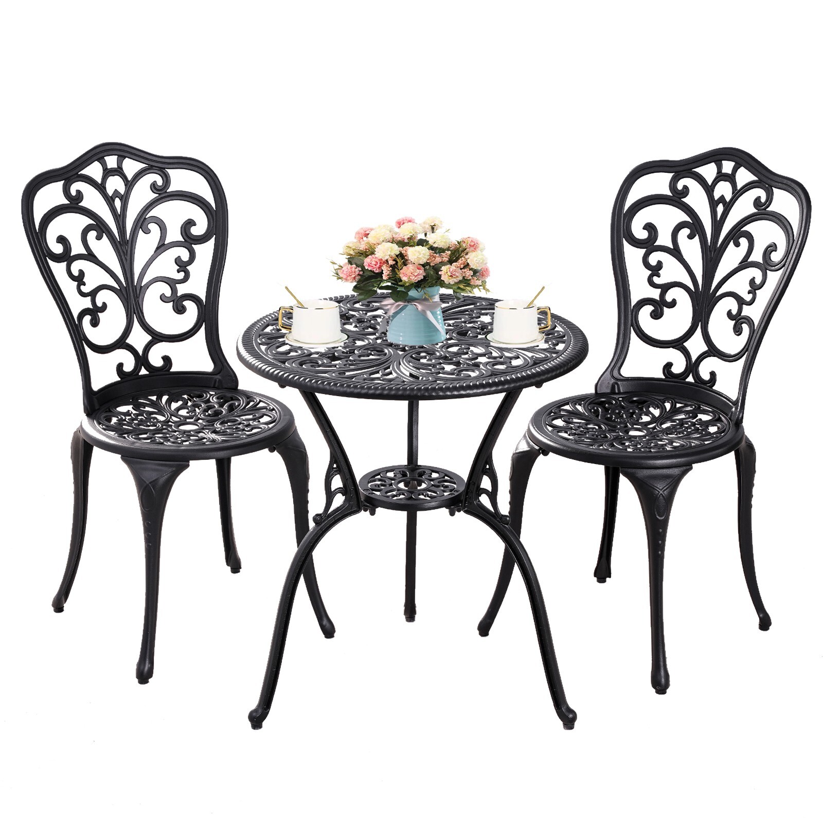 Patio BistroTable Set Rust-Resistant Cast Aluminum Bistro Set with Umbrella Hole