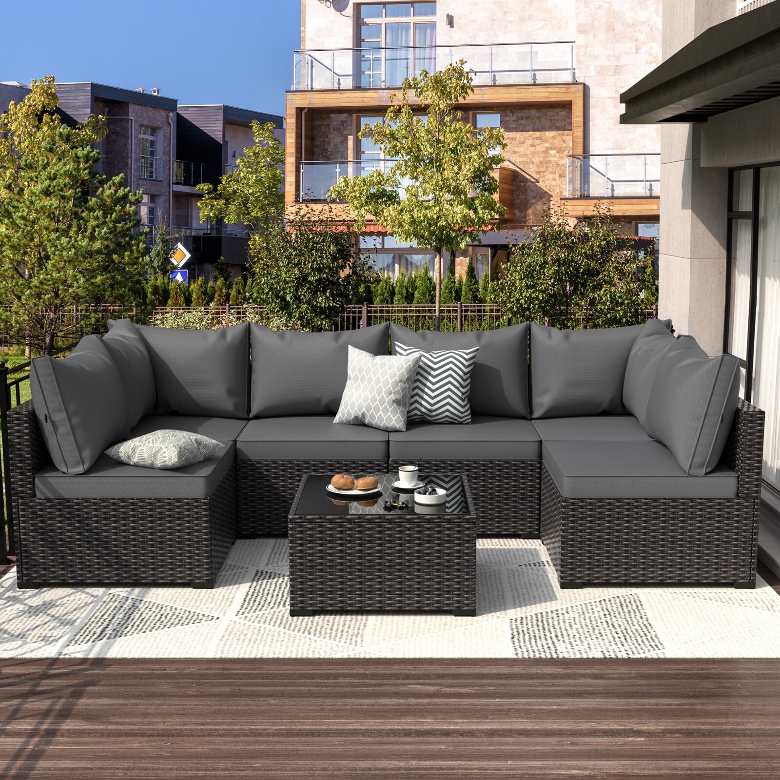 7 Piece Outdoor Patio Furniture Set Black PE Rattan Wicker Sofa Set With Table