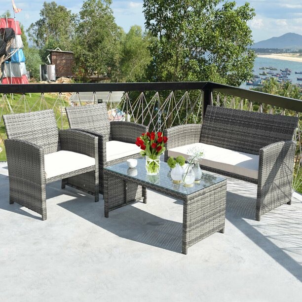 Costway 4PCS Rattan Patio Furniture Set Garden Sofa Cushioned Seat Mix Gray Wick