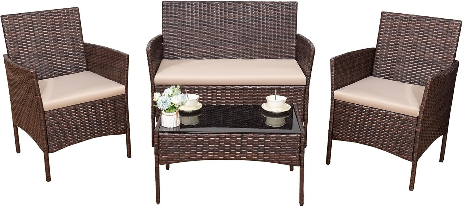 Devoko 4 Pieces Outdoor Patio Furniture Set, PE Rattan Wicker Chairs Balcony Law