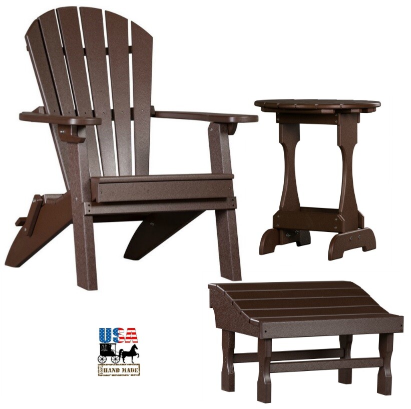 3pc 4 SEASON PATIO SET Folding BROWN Adirondack Chair Ottoman & Candy Table USA