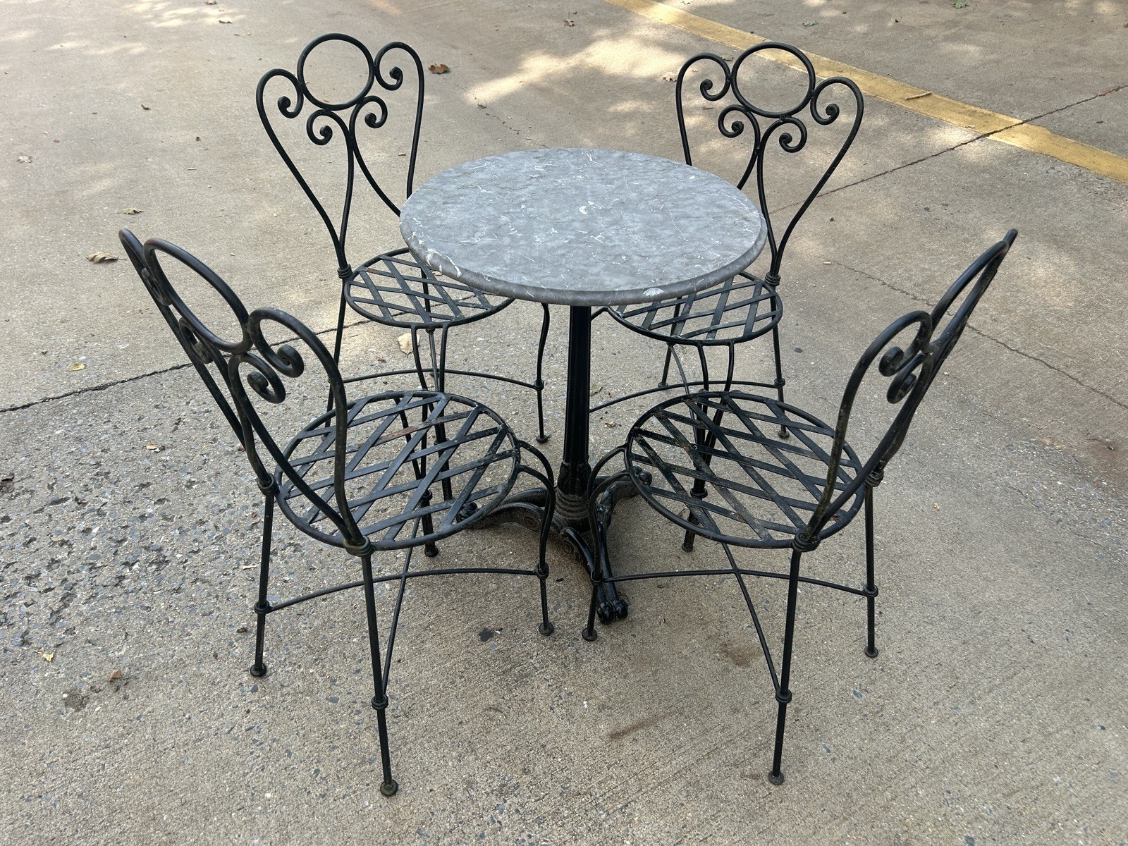Beautiful Wrought Iron Decorative Patio Set Stone Top Table And 4 Chairs •