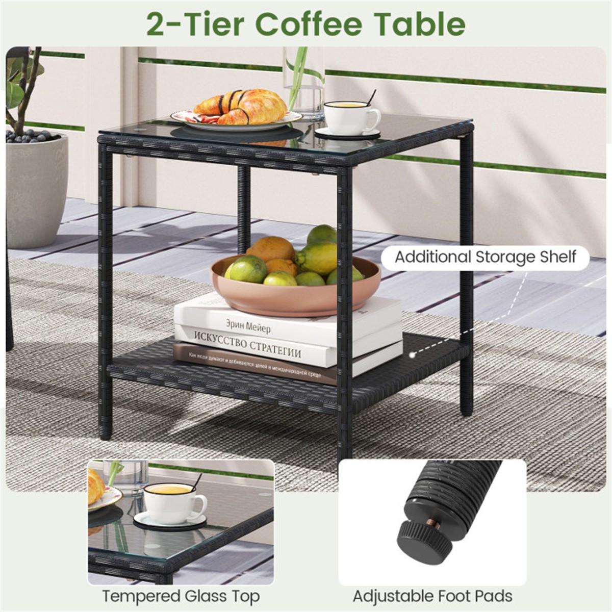 3-Piece Patio PE Wicker Bistro Set 2-Tier Side Table Outdoor Chair Set